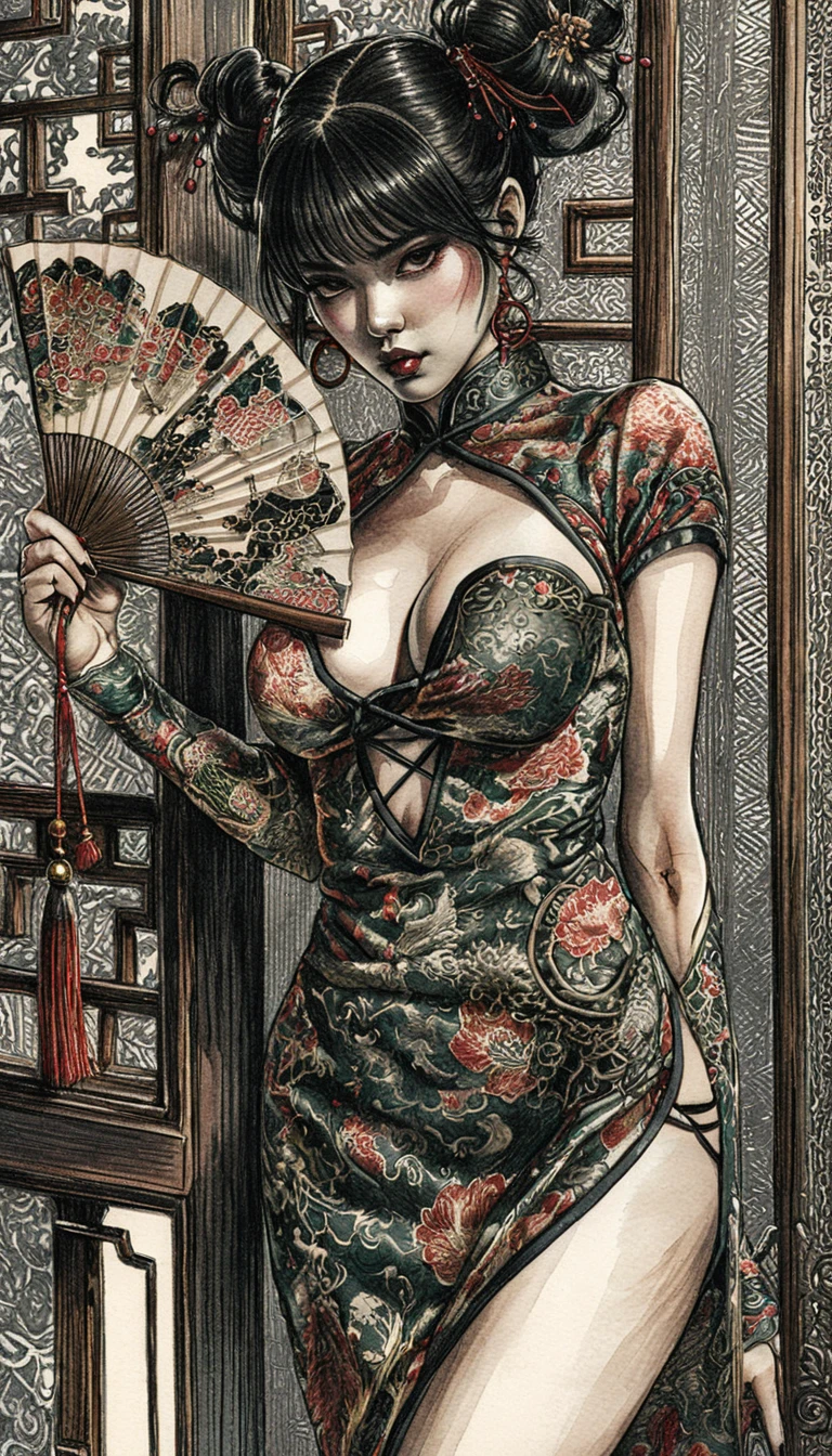 Dark fantasy woman in emerald cheongsam with folding fan