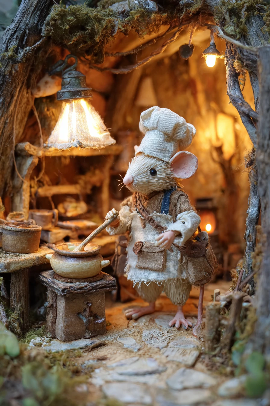 Goblin chef startled in a tiny enchanted forest kitchen