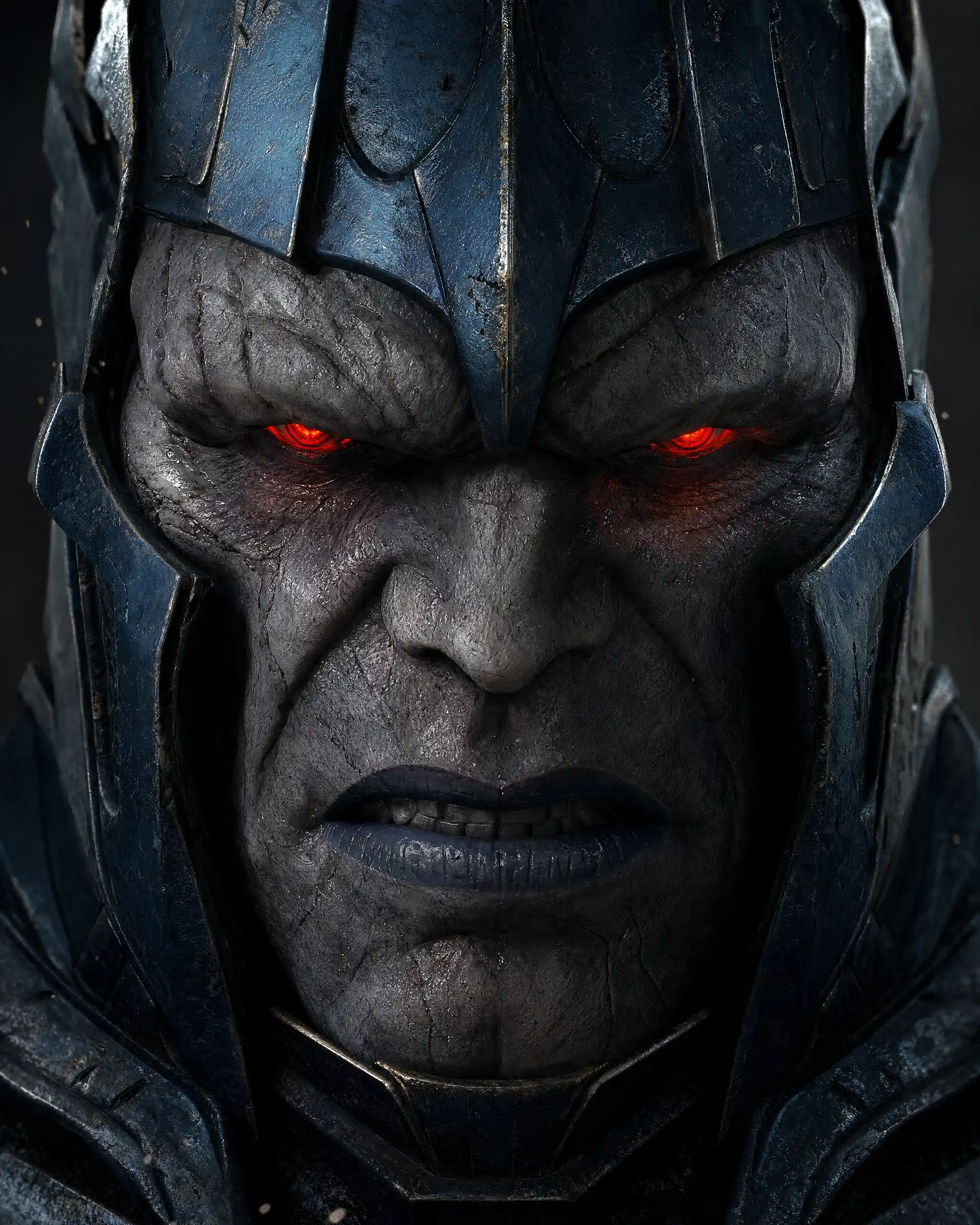Ancient stone skinned warlord portrait with glowing red eyes