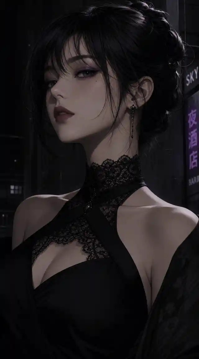 Elegant anime woman with black hair in urban shadows