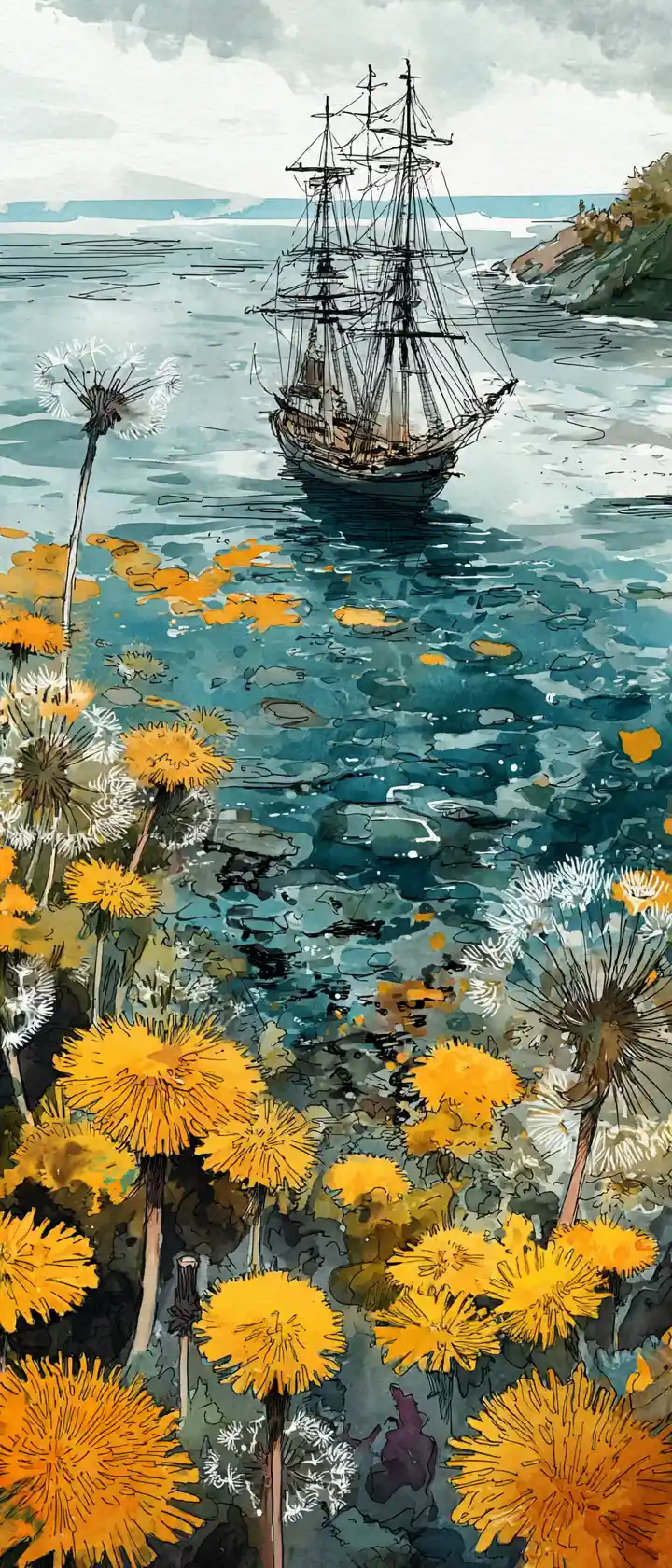 Aquarell-Meereslandschaft mit abstrakter Segelschiff-Illustration