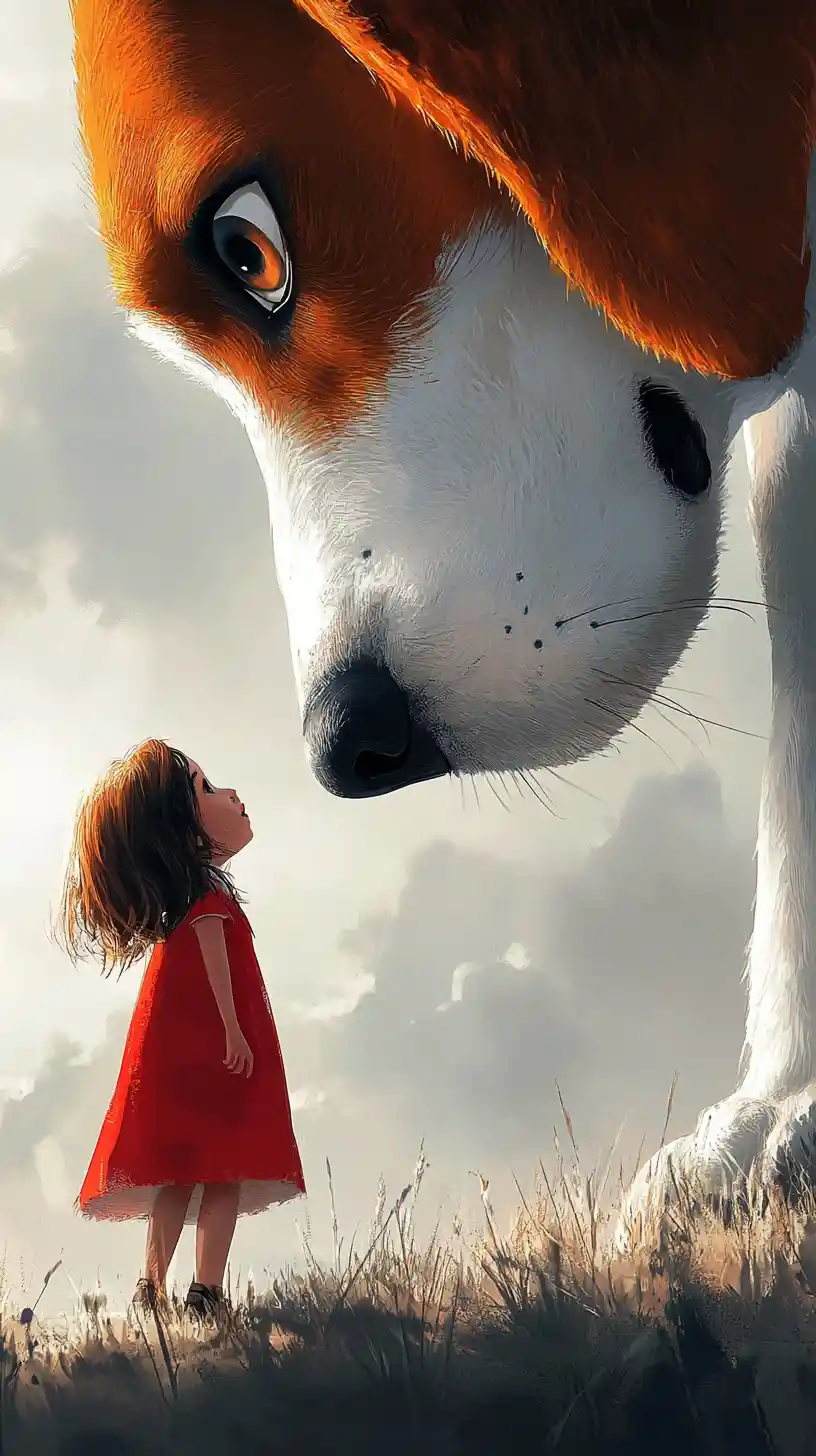 Giant beagle facing a tiny curious girl in illustration