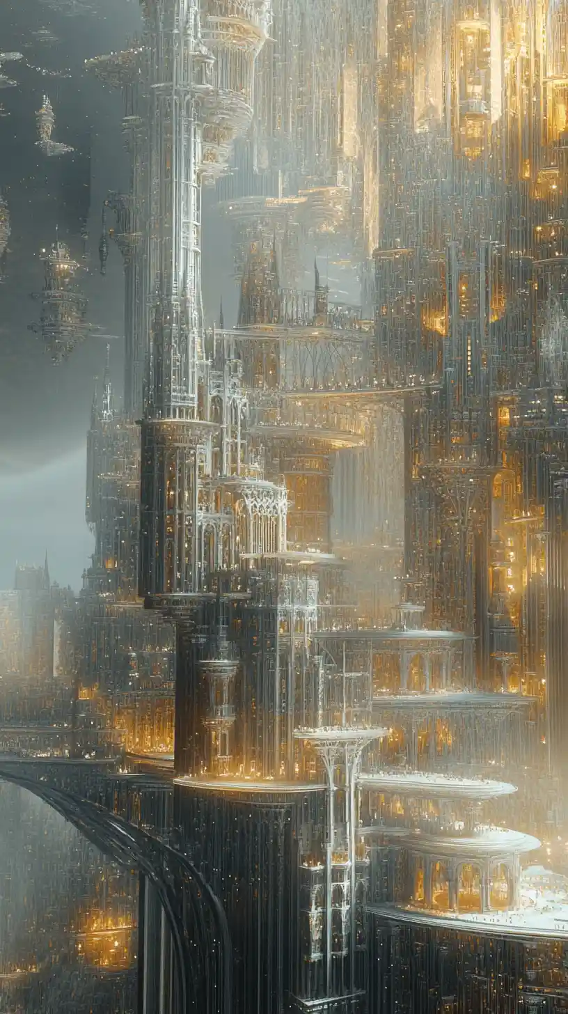 Surreal cityscape dissolving into flowing particulate structures