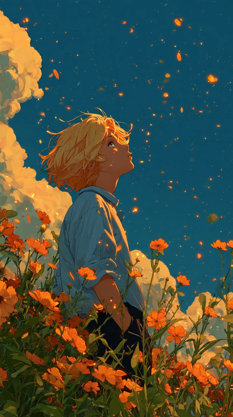 Anime hero in wildflower field under glowing sunlight