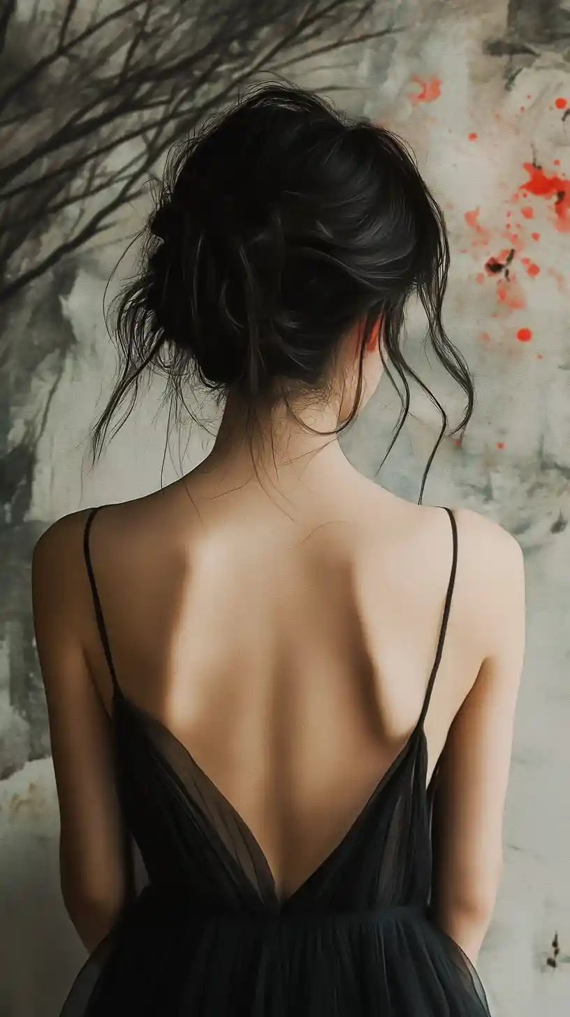 Woman in black slip dress against abstract ink background