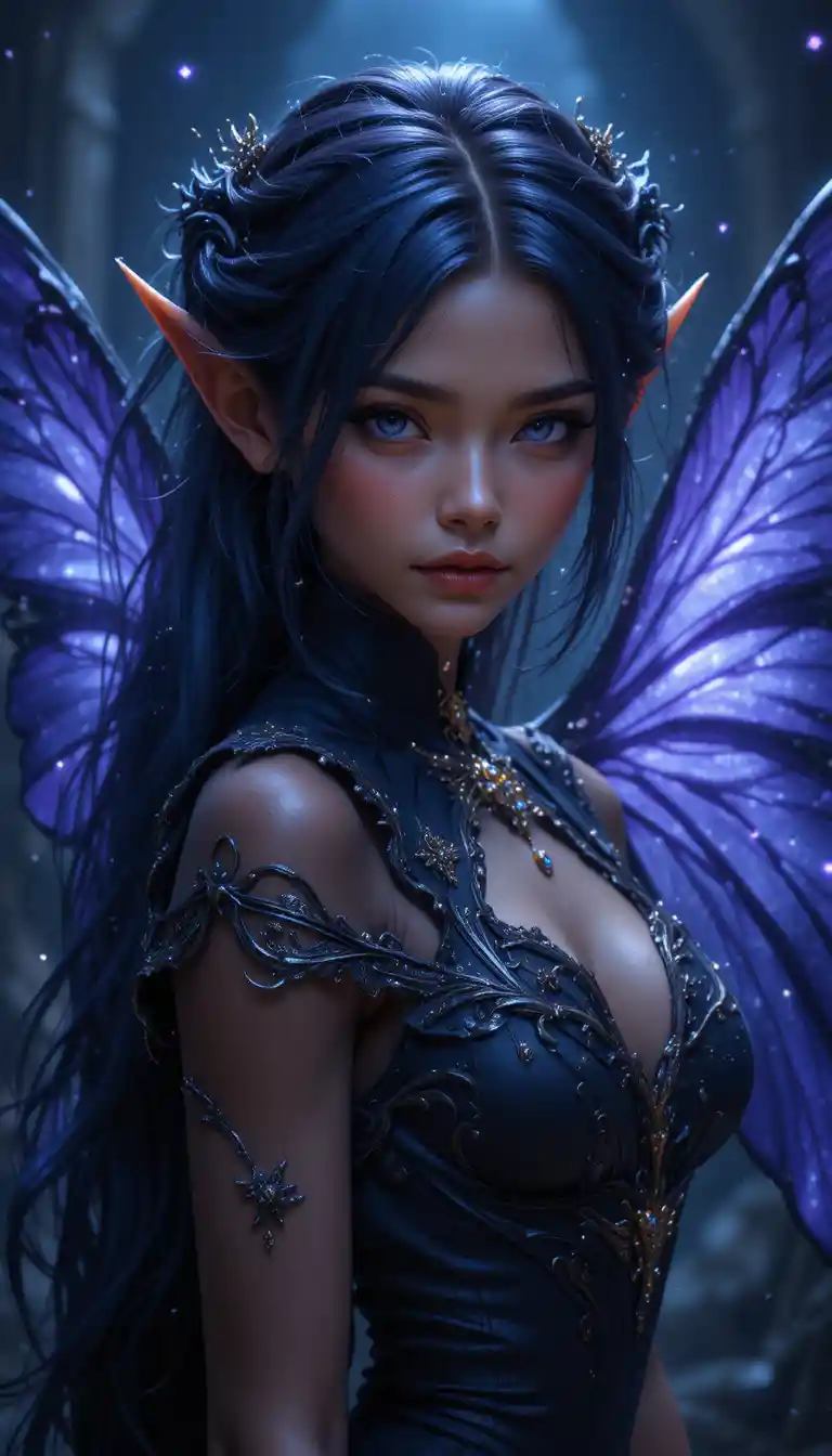 Mystical dark fairy woman with black wings and lilac eyes