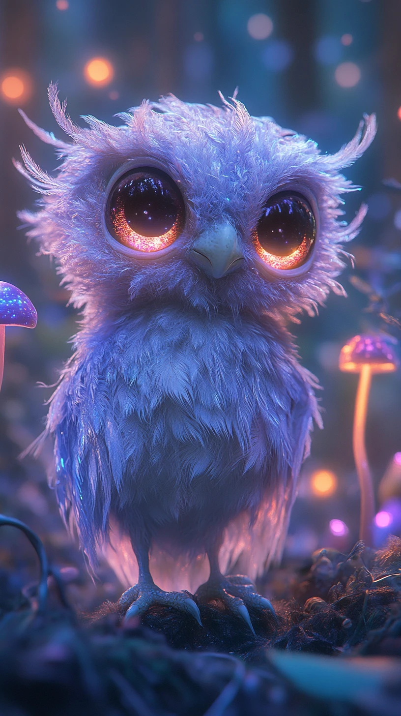 Criatura alienígena con ojos brillantes en un bosque místico