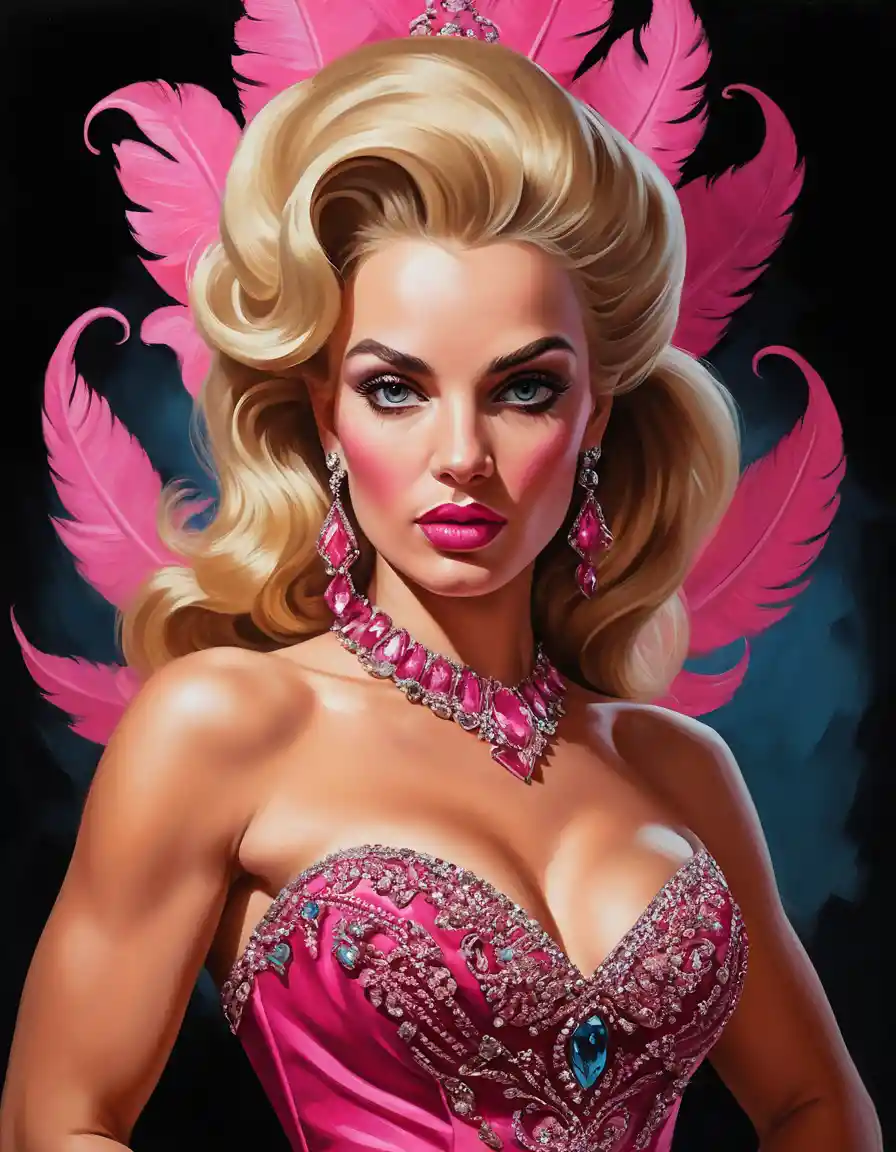 Blonde fantasy model in opulent masquerade ball gown