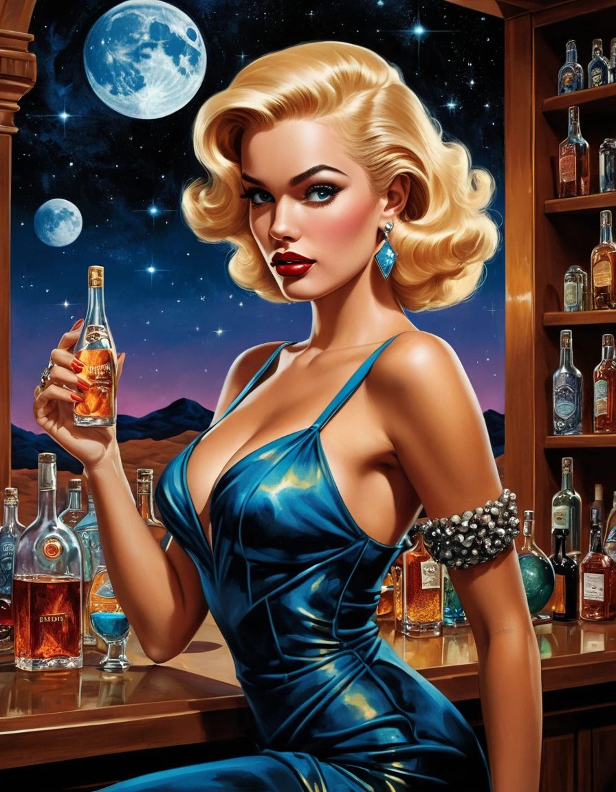 Fantasy woman in cosmic bar interior with moonlit decor