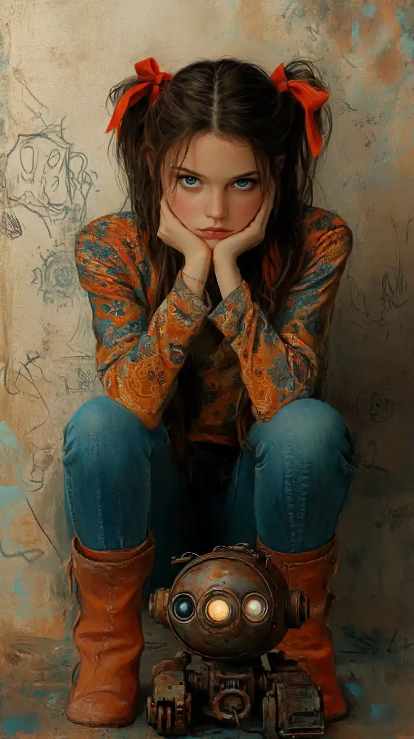 Girl bonding with a small rusty robot in warm tones