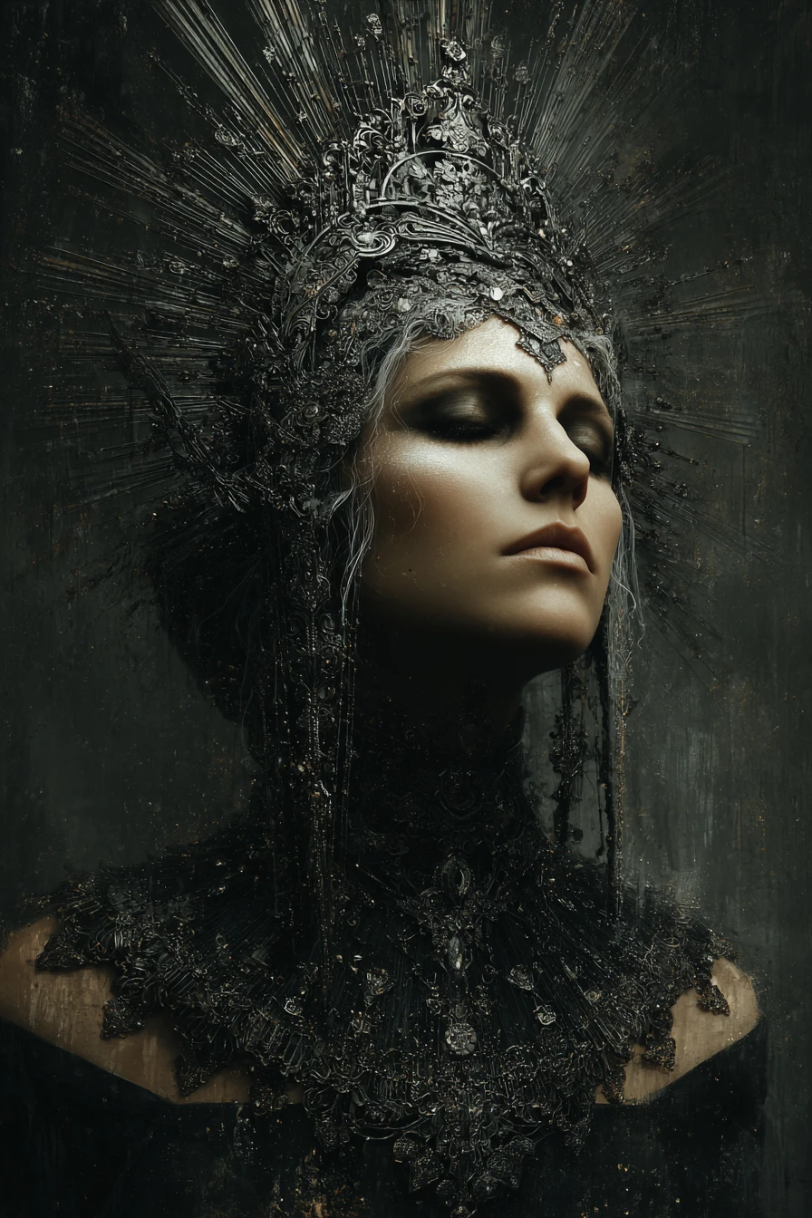 Surreal dark portrait of an ancient queen in solemn splendor