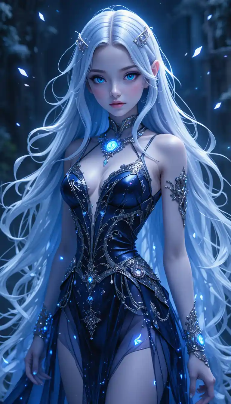 Ethereal time spirit girl with silver hair and glowing eyes