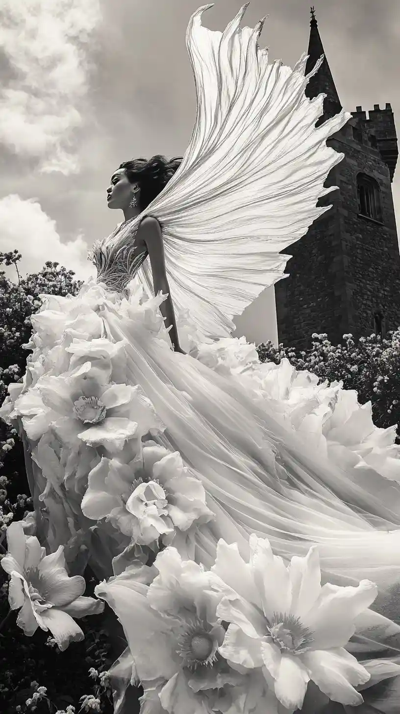 Avant garde fashion woman merging with fantastical creature form