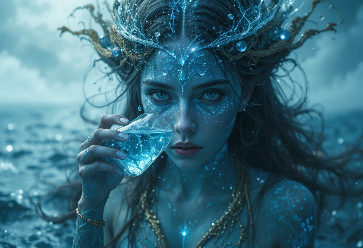 Full body woman entwined with a cosmic ocean cycle