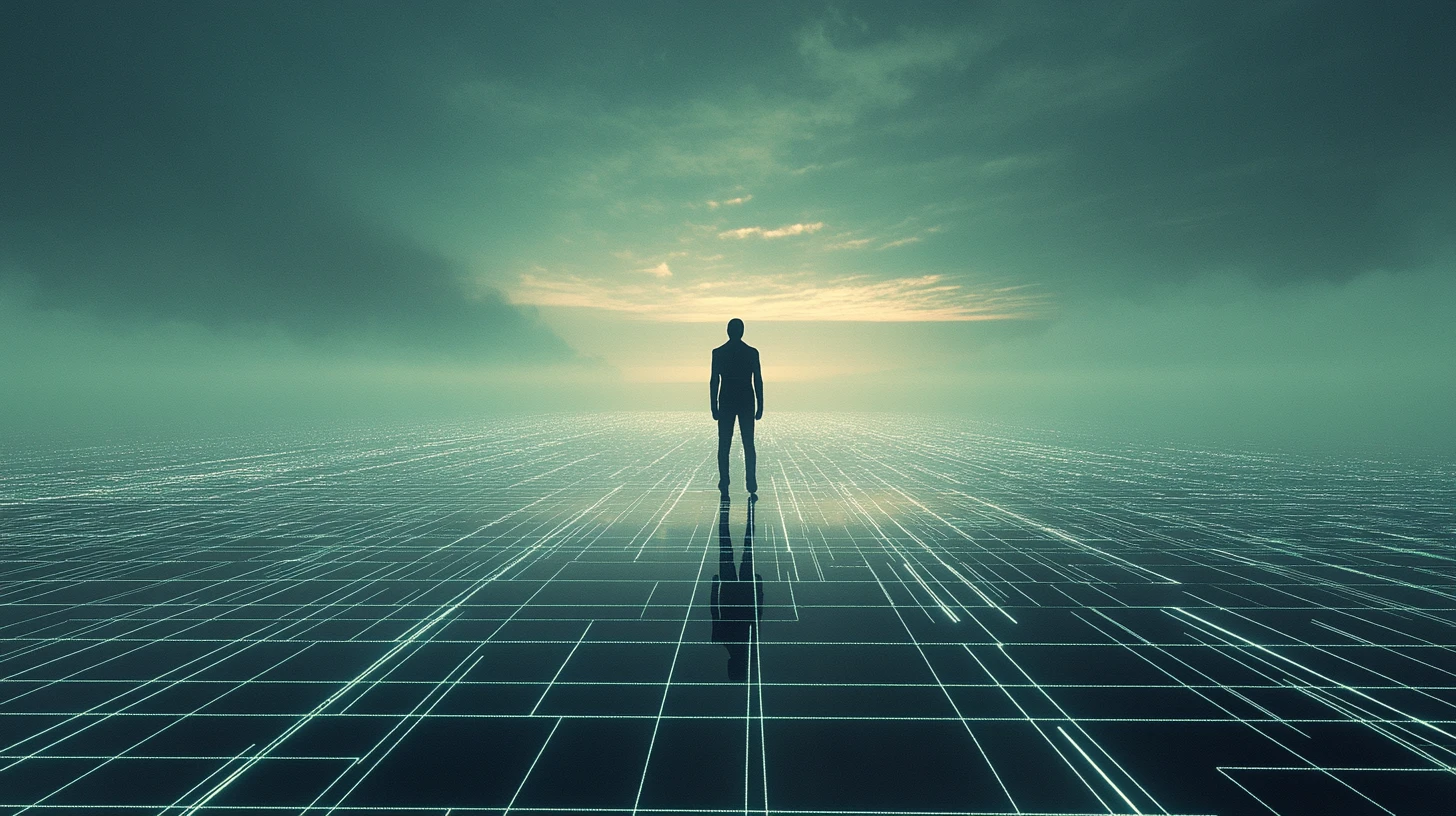 Wide grid data landscape with distant human silhouette