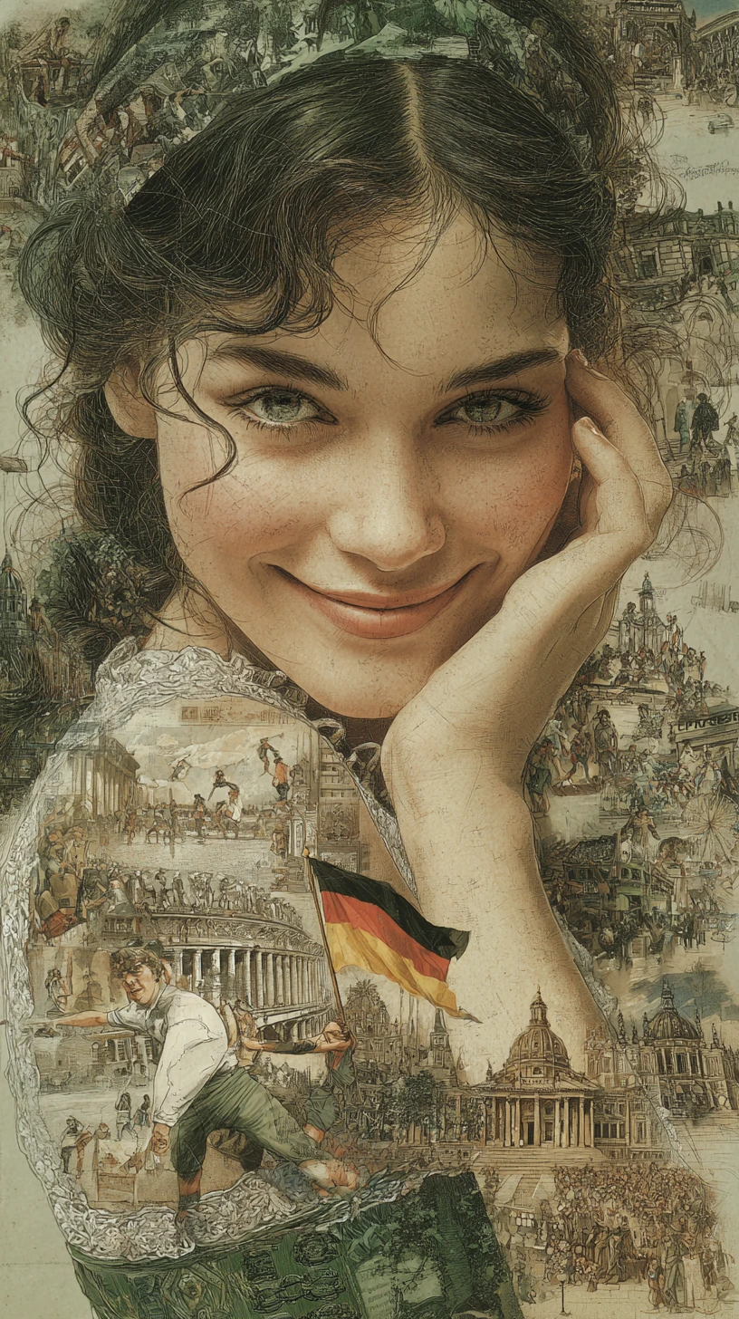 Smiling anime girl holding a small German flag portrait