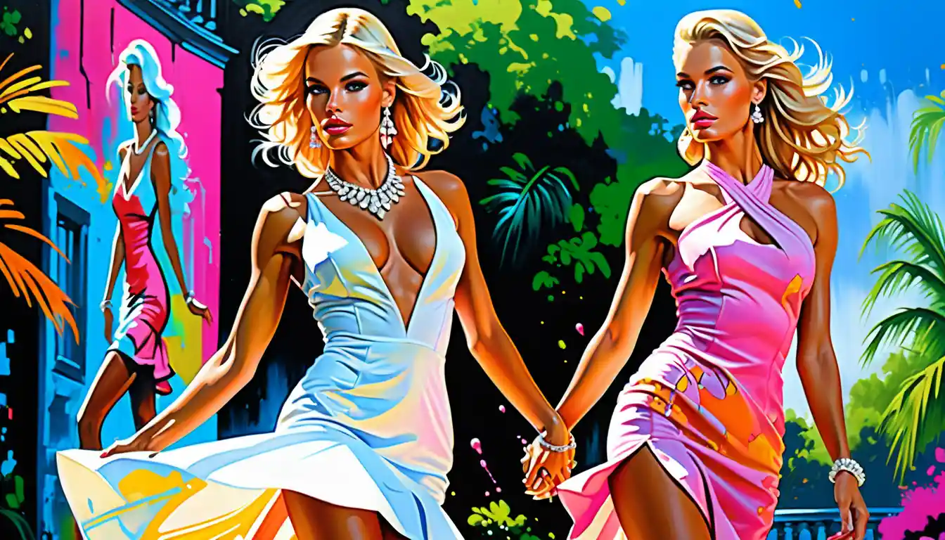 Blonde fashion woman posing in neon garden evening scene