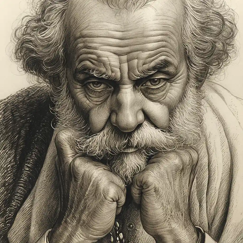 Engraved portrait of an old man resting on his fists