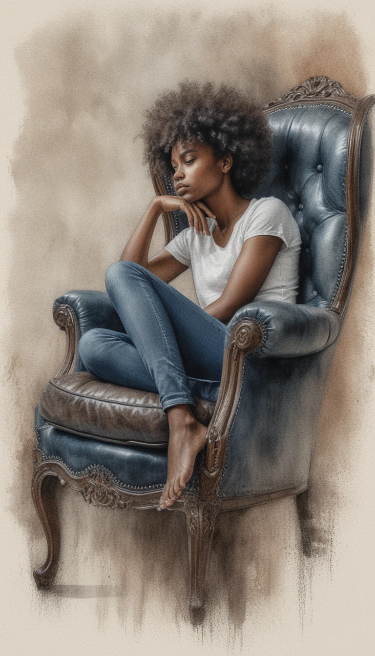 Pensive young woman reclining barefoot in an antique armchair