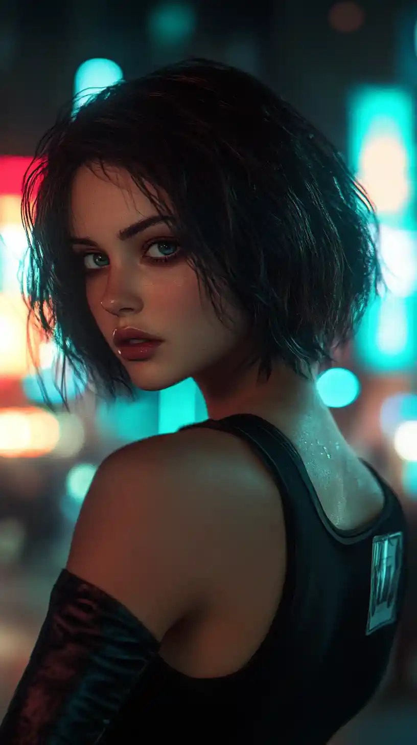 Cyberpunk anime girl turning with an intense night gaze