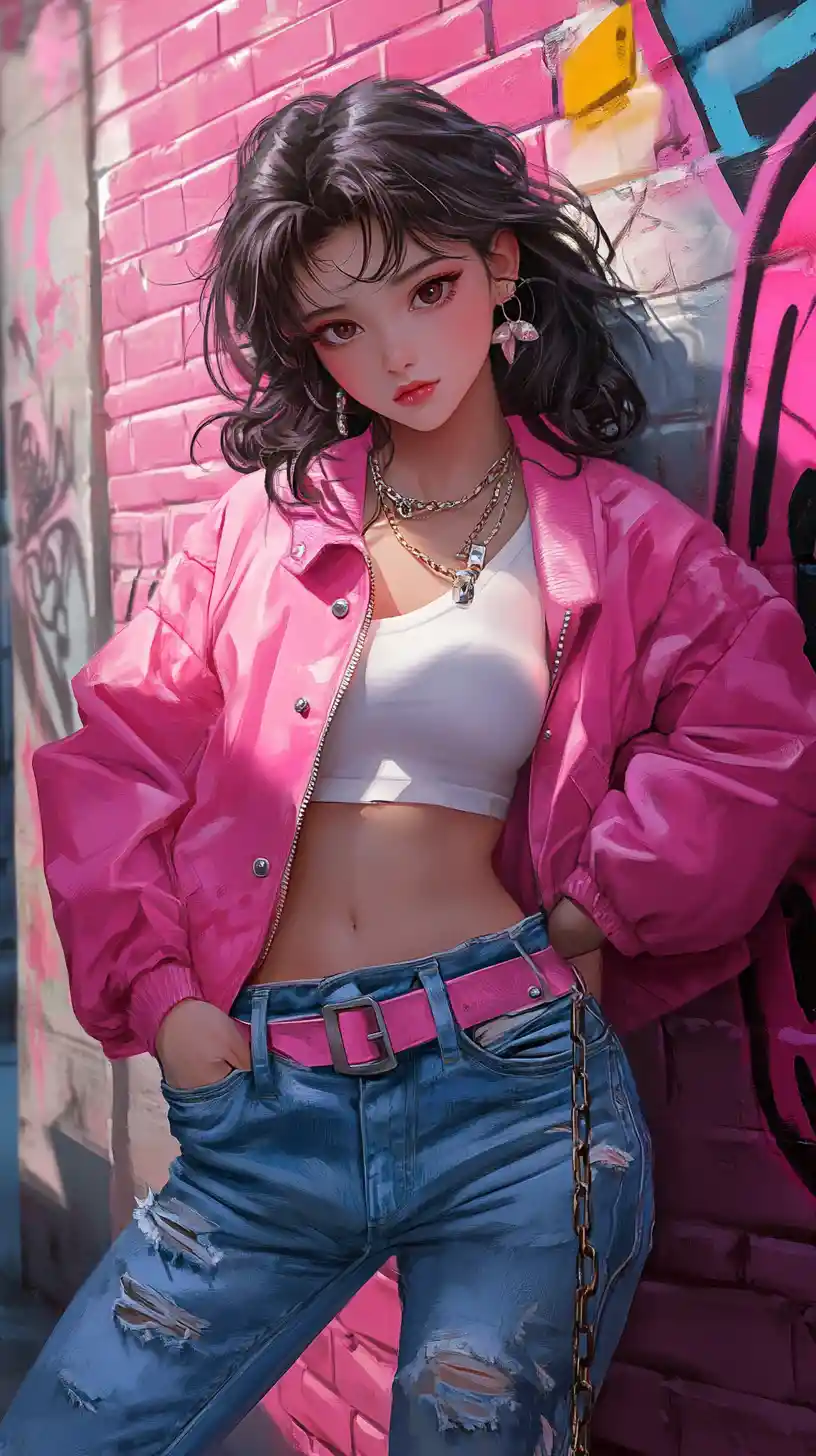 Anime street girl in pink jacket by graffiti wall