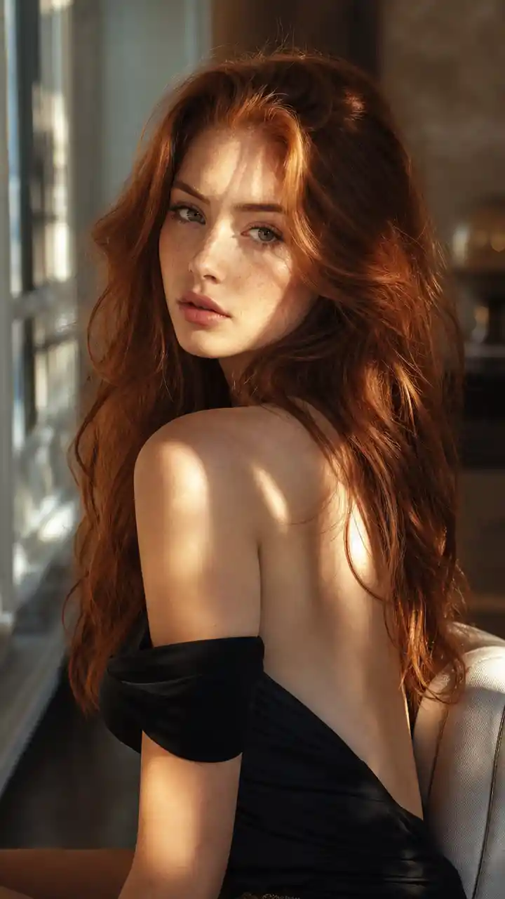 Young red haired woman in soft window lit portrait