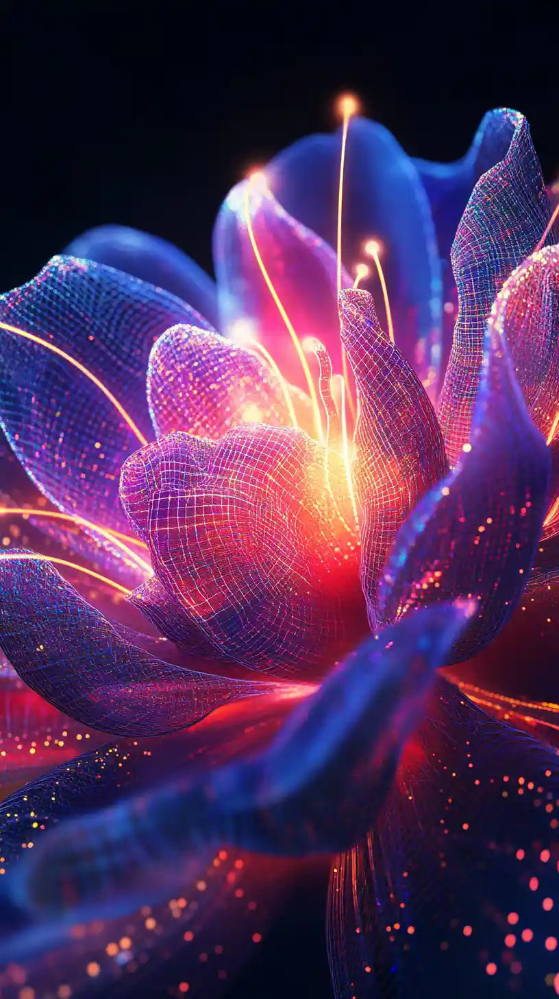ネオンエネルギーのスパイクをまとった未来的な半透明の花