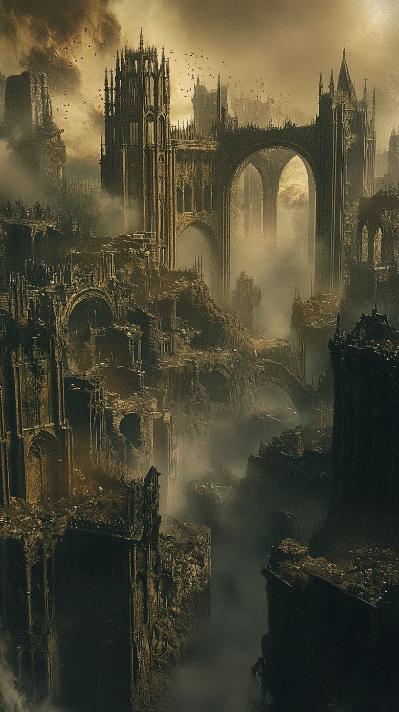 Gothic fantasy city dissolving into drifting particles