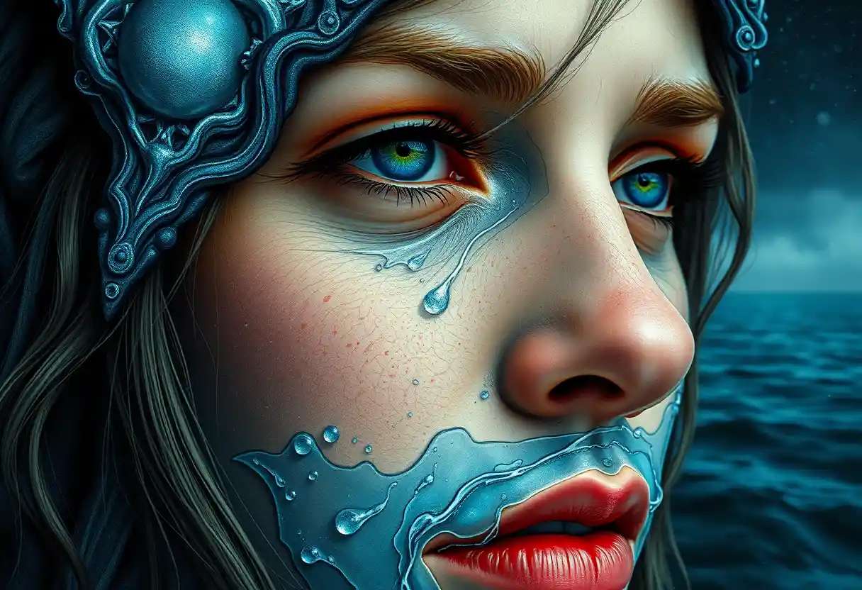Close up portrait of a woman fused with ocean water