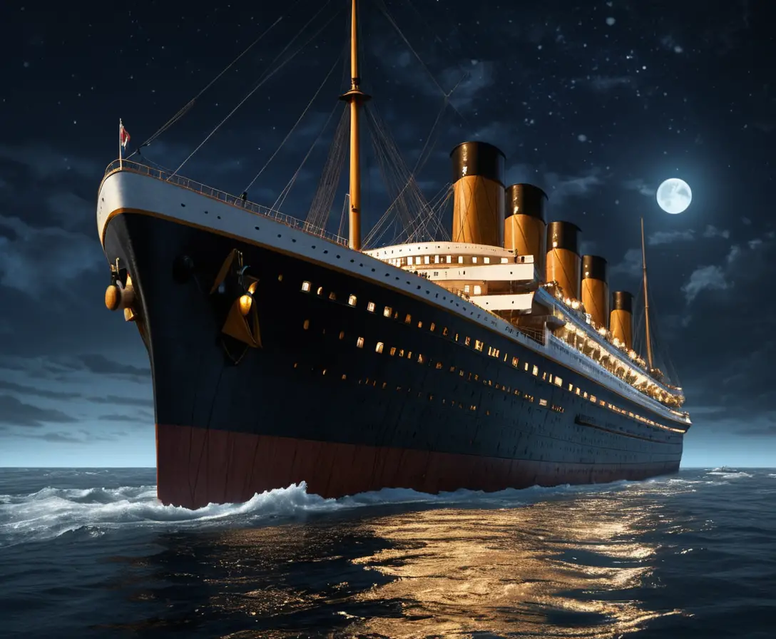 RMS Titanic sailing under a starry night sky