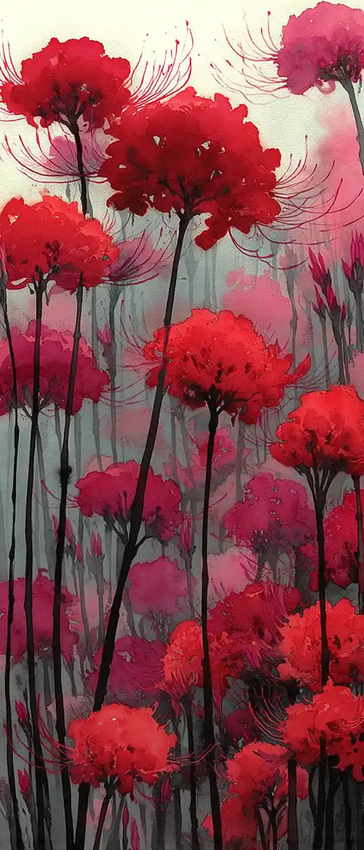 Ghostly spirit dissolving into crimson spider lily field
