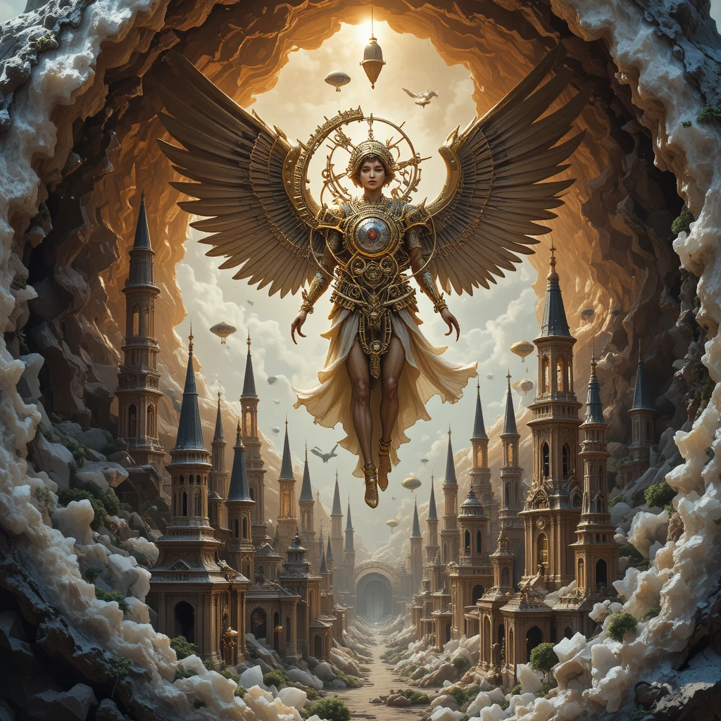 Clockwork angel above a tiny steampunk city in geode