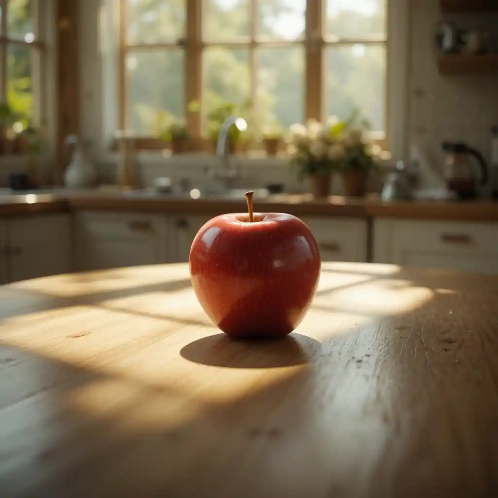 Red apple on sunlit kitchen table in soft focus