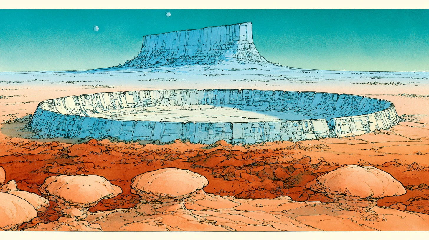 Alien desert plateau with ancient circular stone ruin
