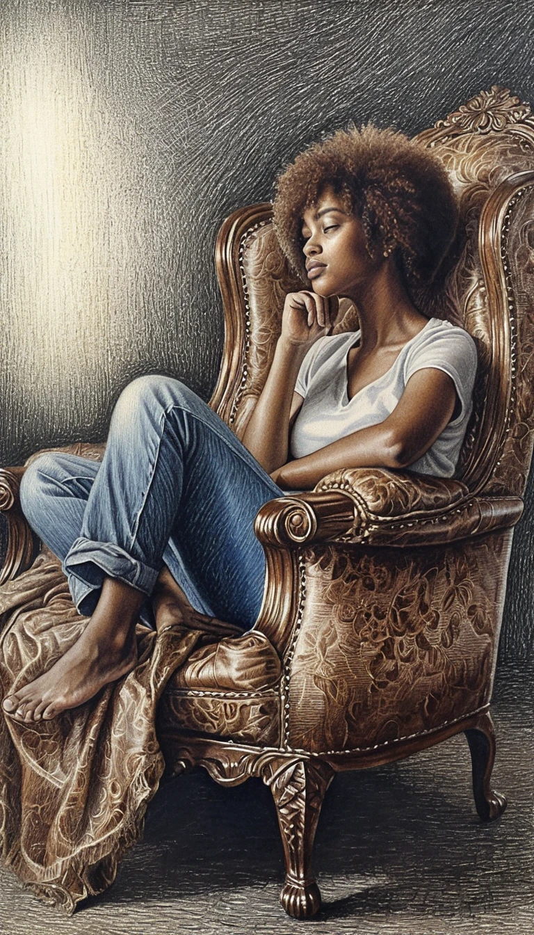 Reclining woman in armchair in realistic pencil drawing