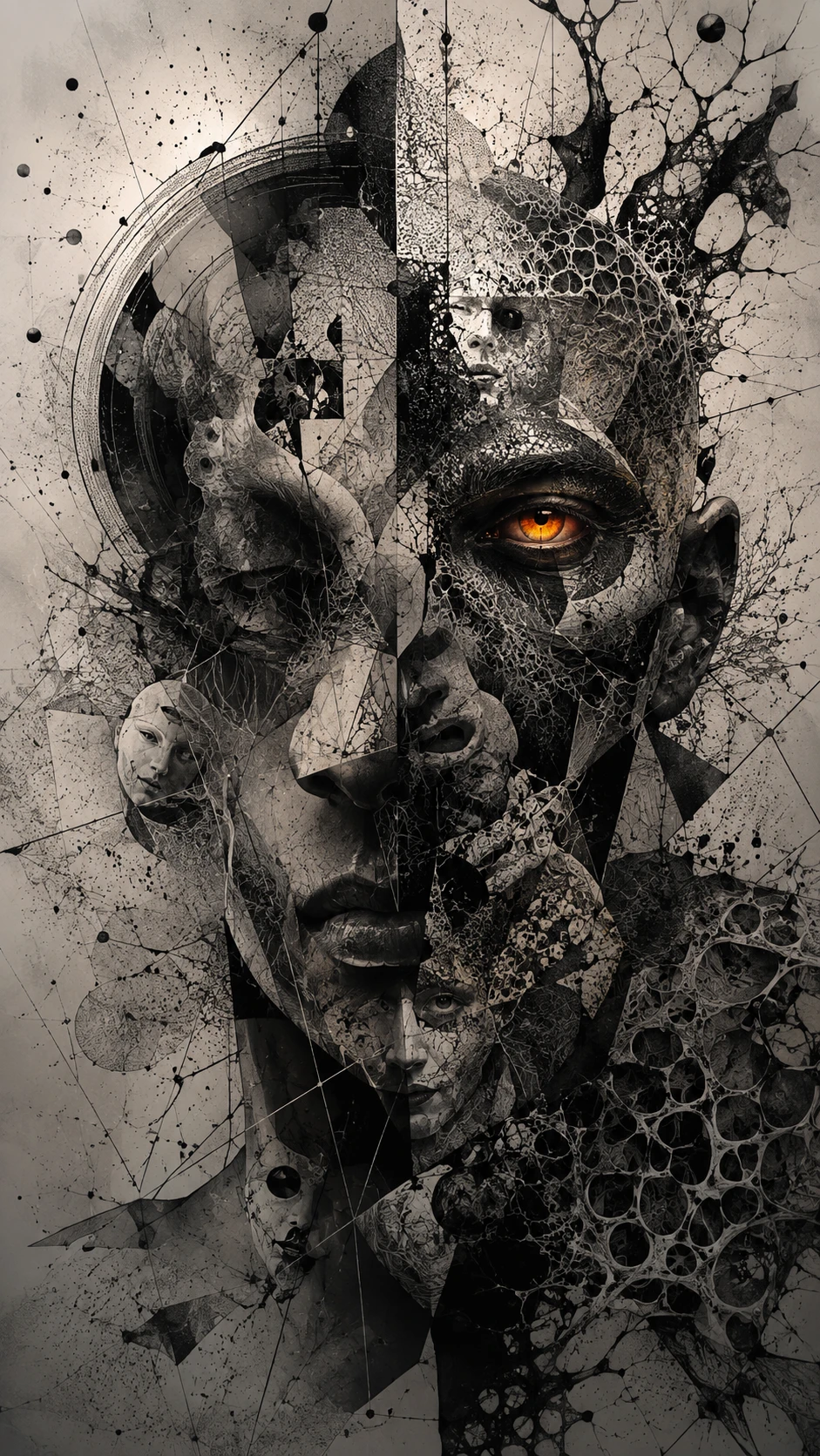 Surreal layered faces with a single glowing eye
