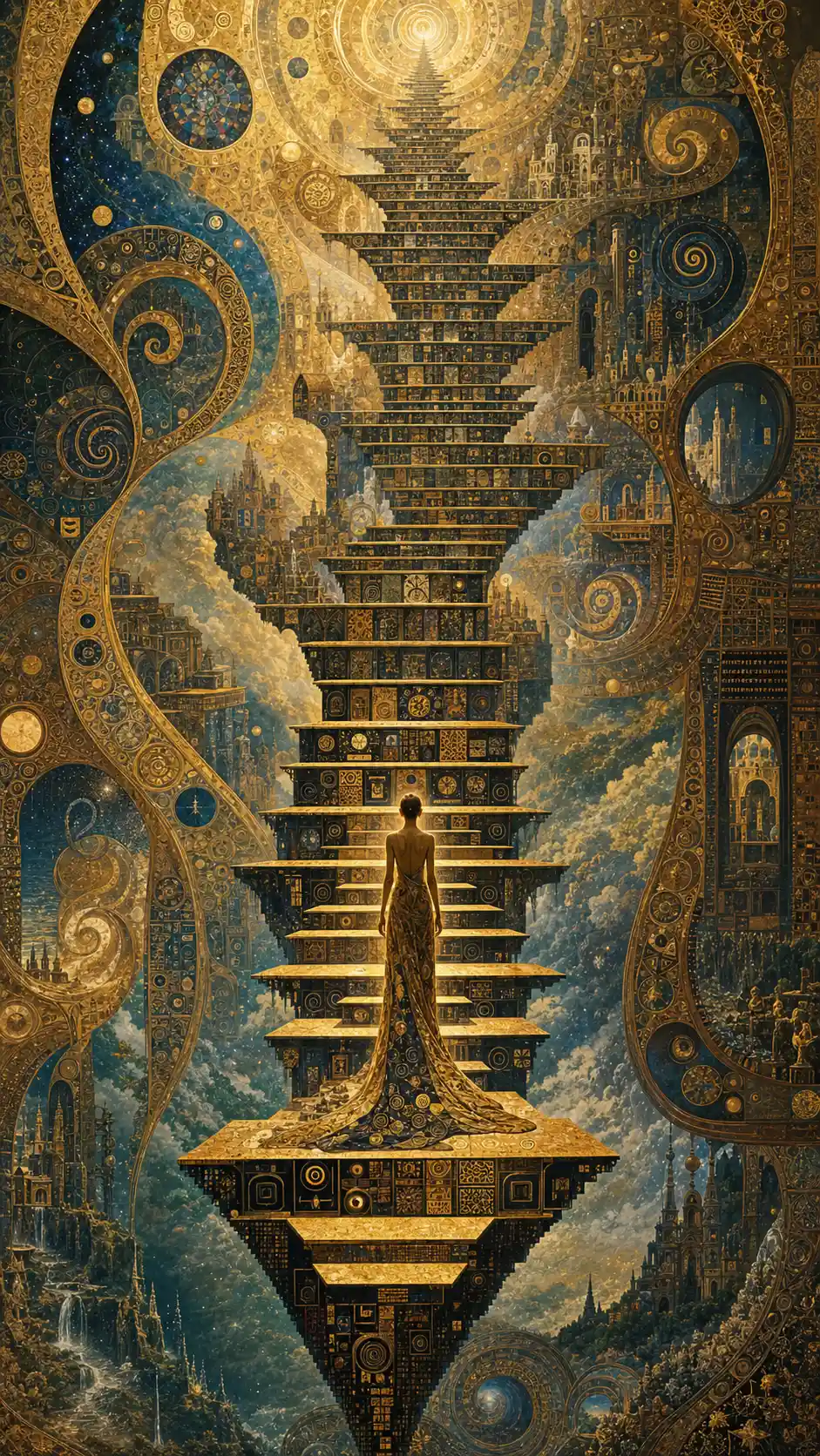 Surreal inverted staircase spiraling through infinite fractal patterns