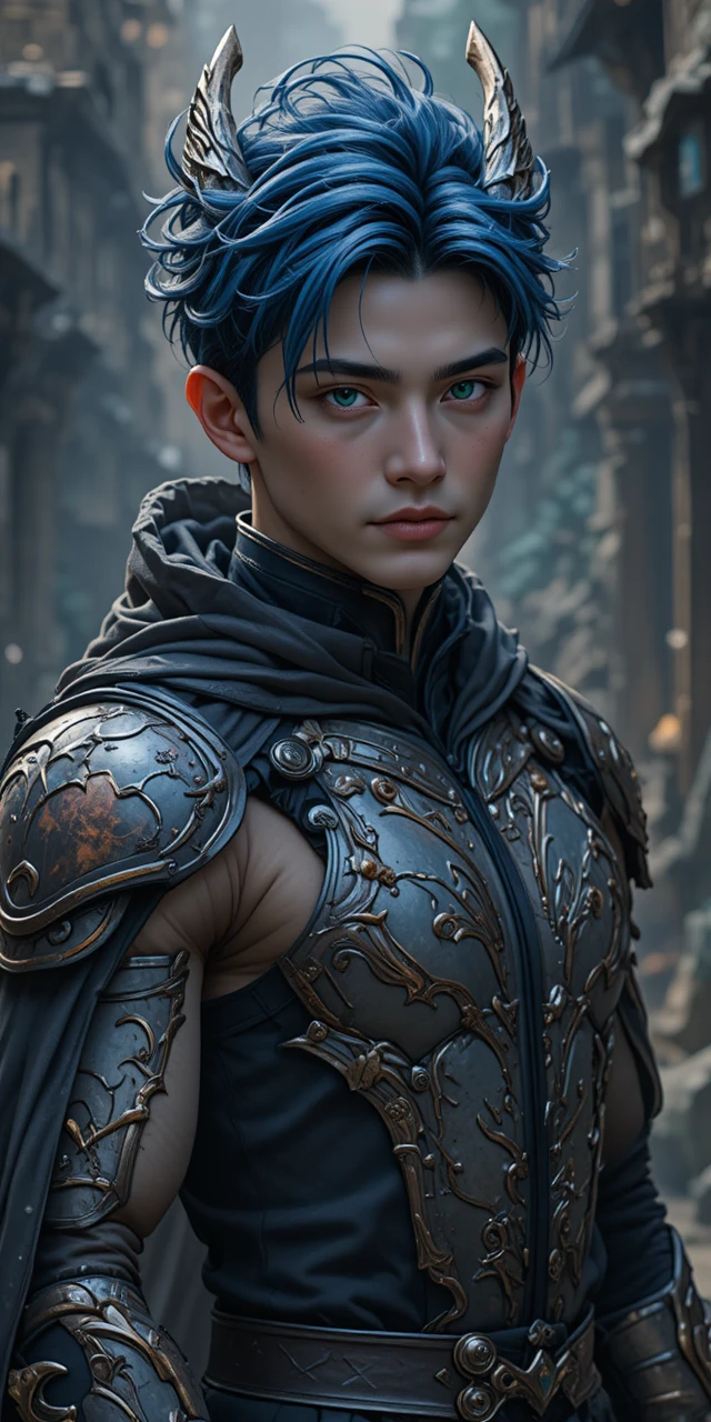 Young draconic warrior in dark anime fantasy armor