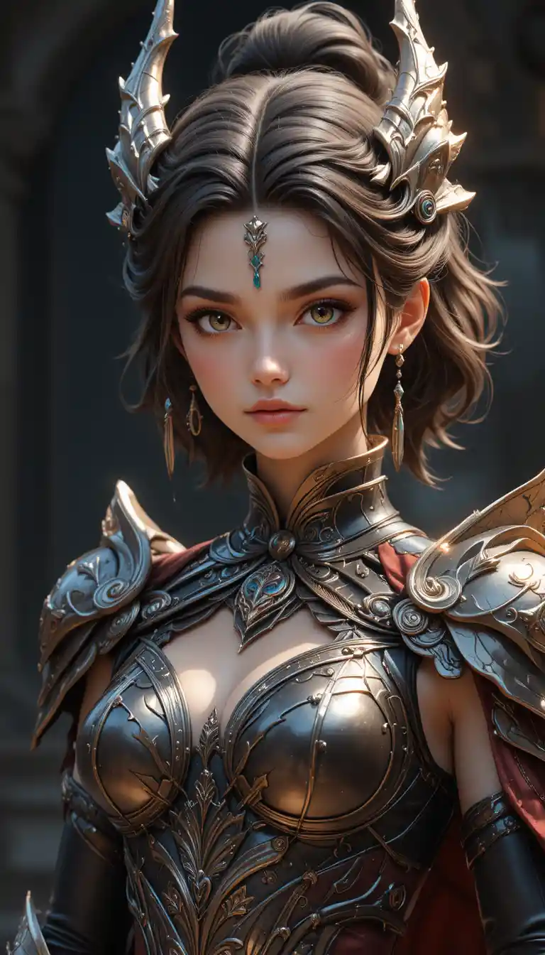 Athletic dragon horned anime girl in ornate armor