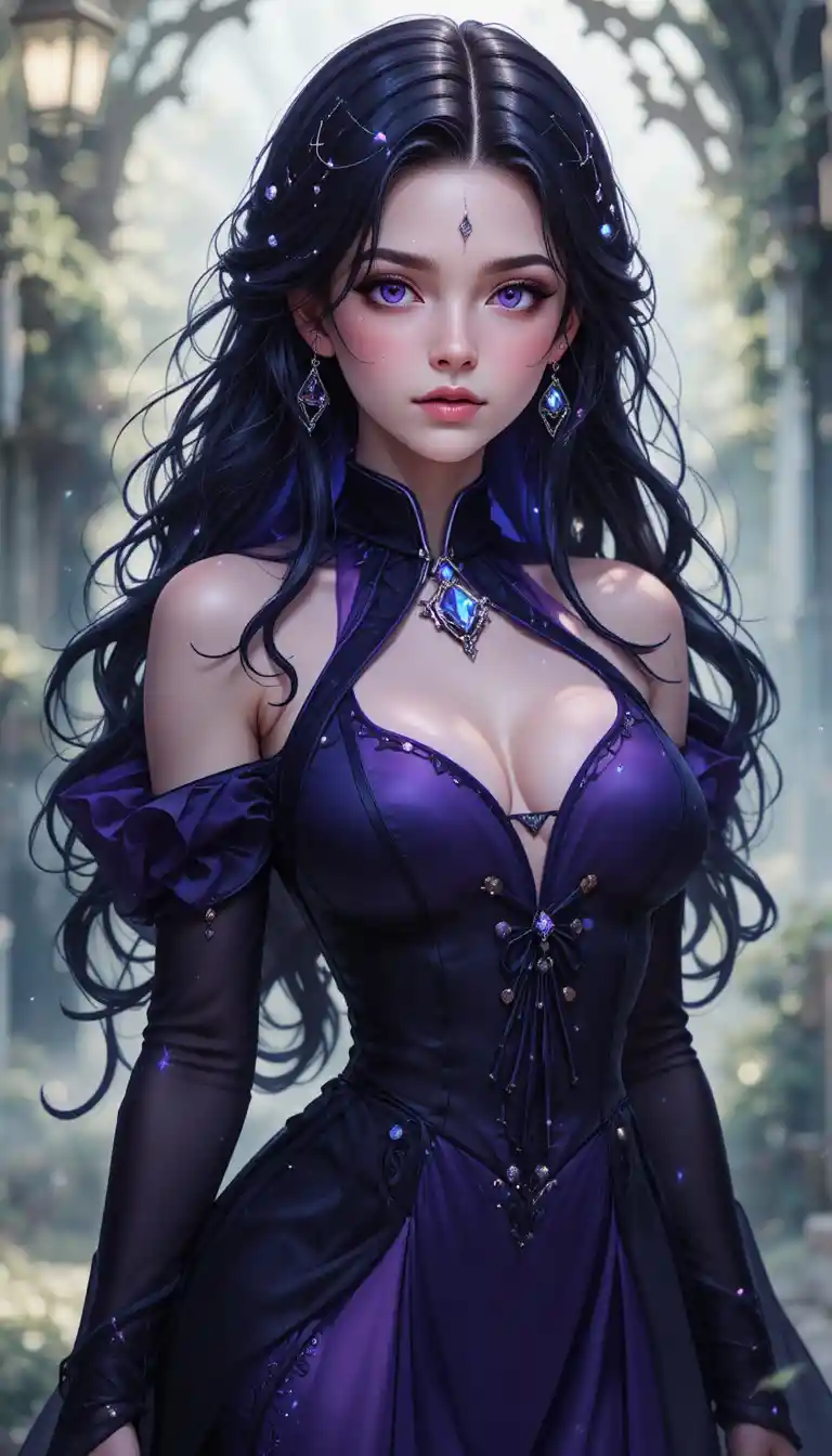 Young anime witch girl with glowing violet magic