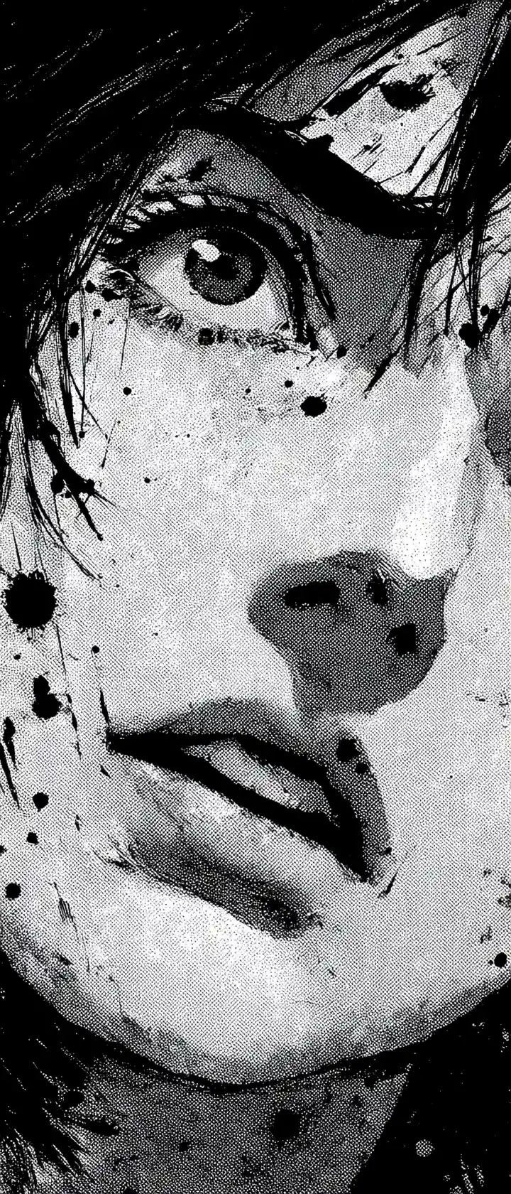 Anime girl close up dissolving into dark ink explosion
