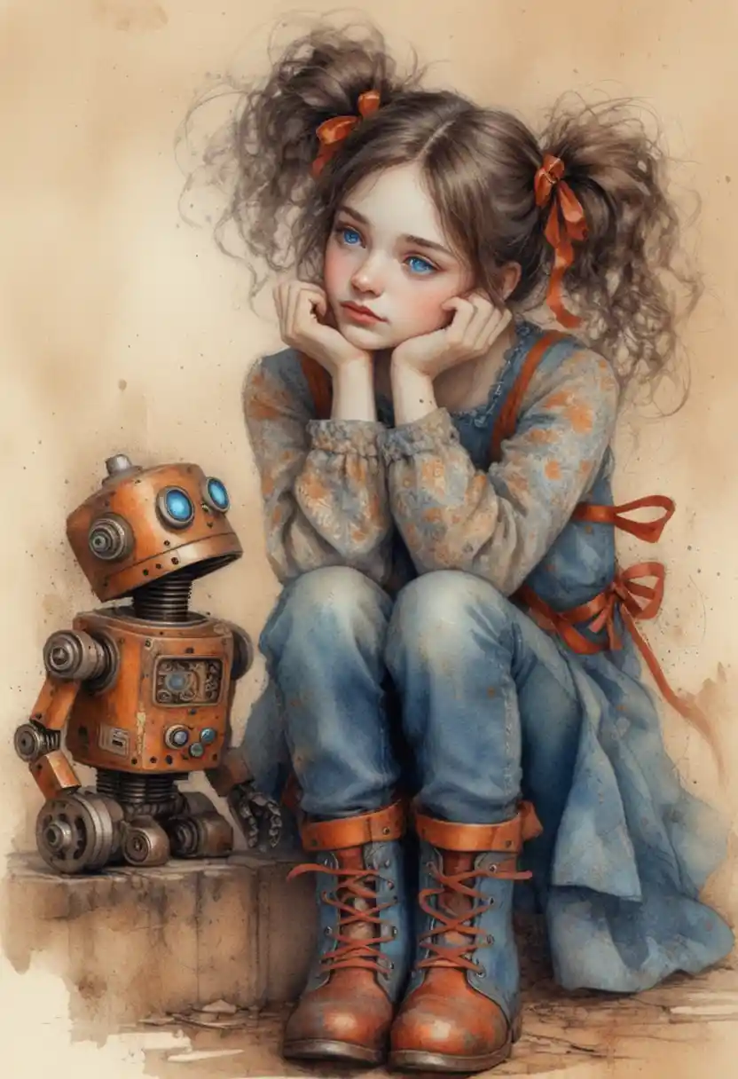 Girl and vintage robot sharing a quiet emotional moment