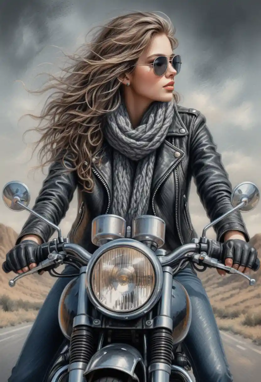 Confident woman riding vintage motorcycle toward the viewer