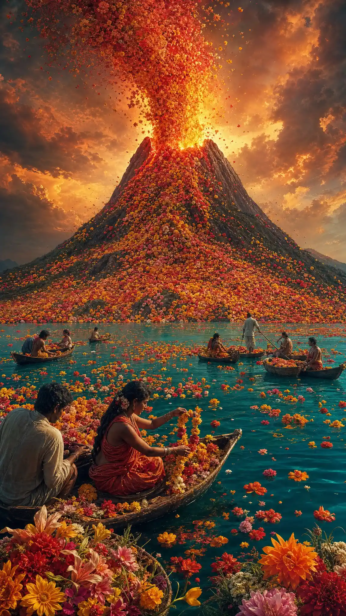 Surreal volcano erupting blossoms over a tranquil turquoise sea