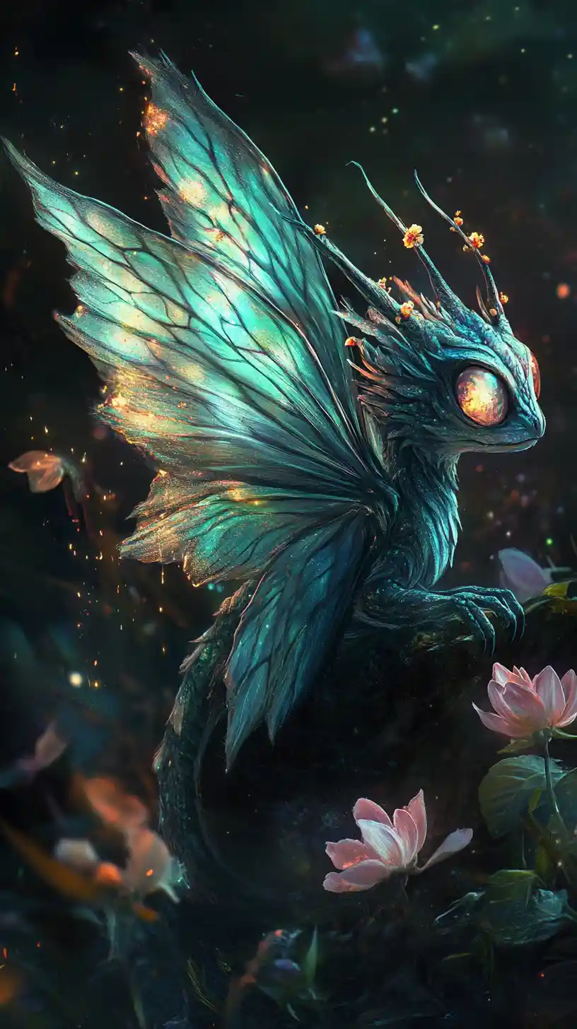Small dragon with moth wings in glowing night forest
