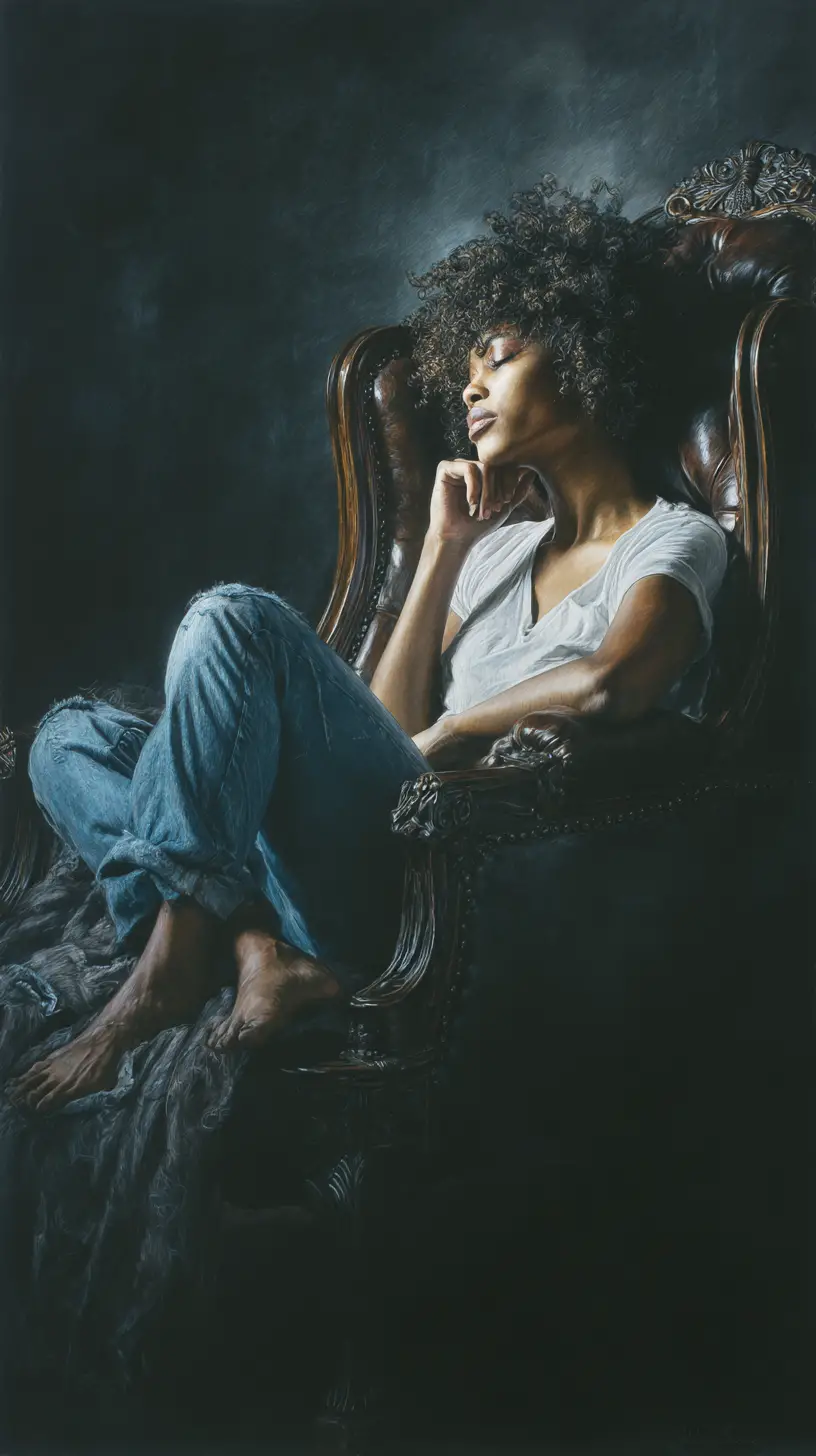 Young woman reclining in an antique leather armchair drawing