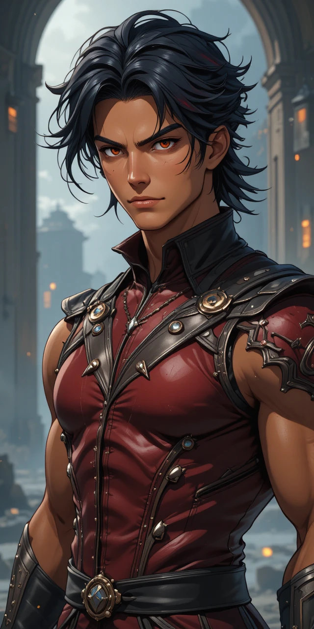 Young draconic warrior with amber eyes in anime style