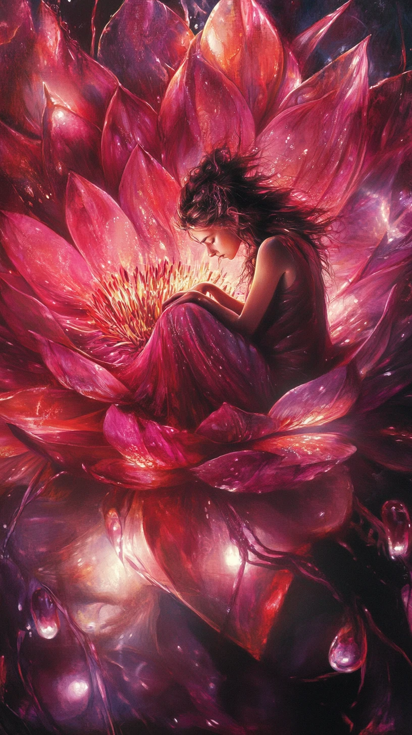 Tiny ethereal woman resting inside a vast glowing flower