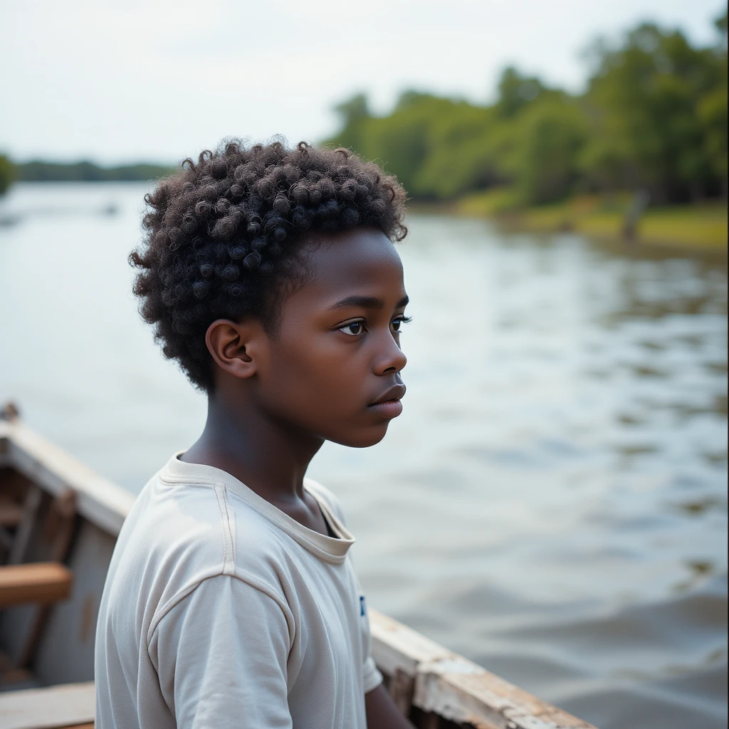 Young boy on a boat in a quiet bayou landscape