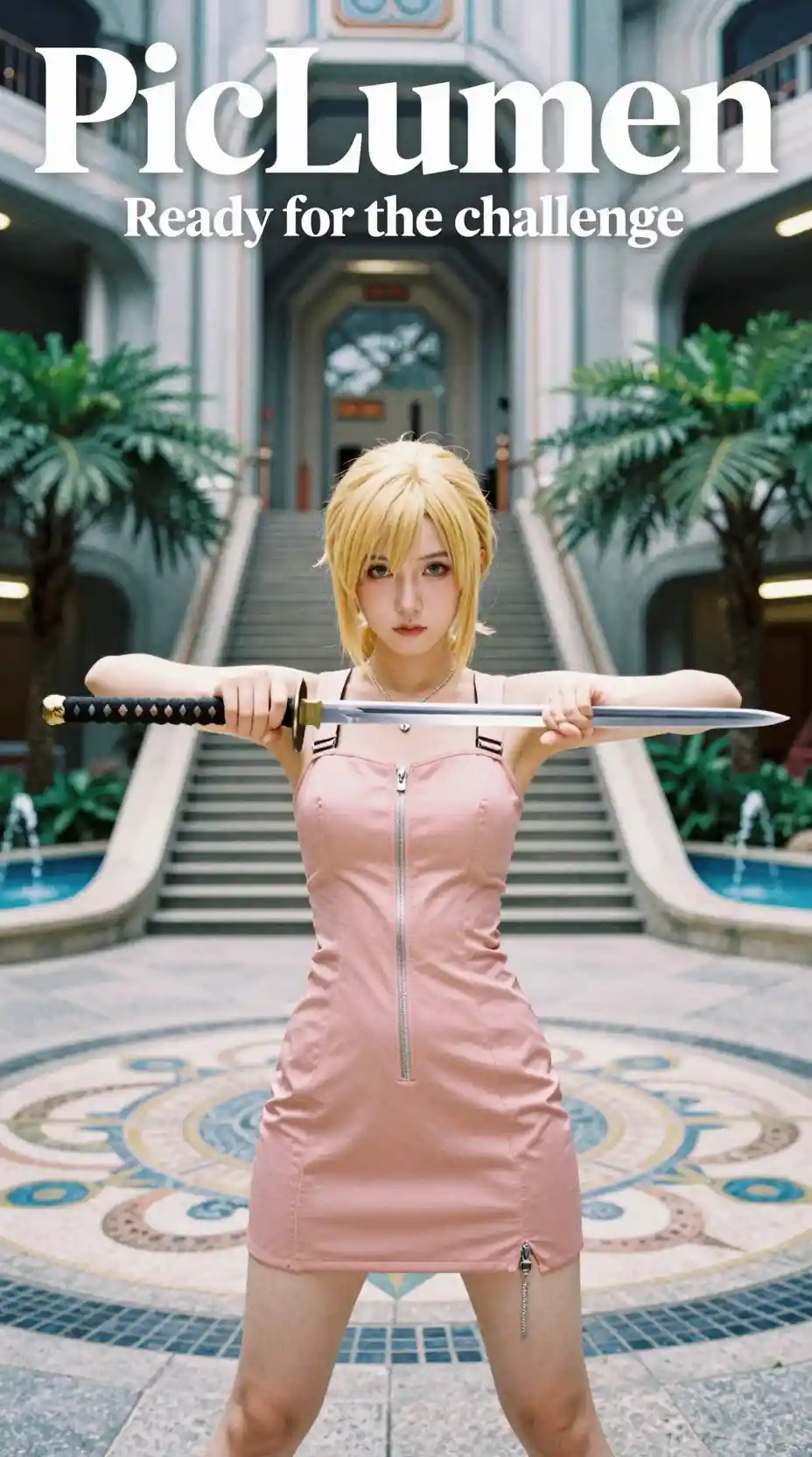Cosplay woman with katana in futuristic academy courtyard